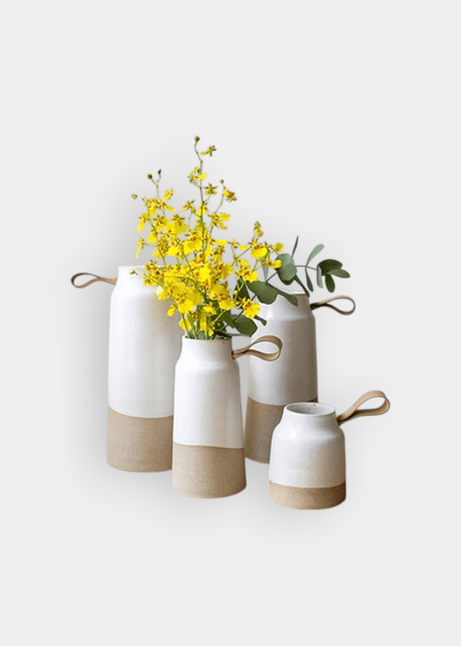 Vaso De Cerâmica Areia Com Couro - Médio