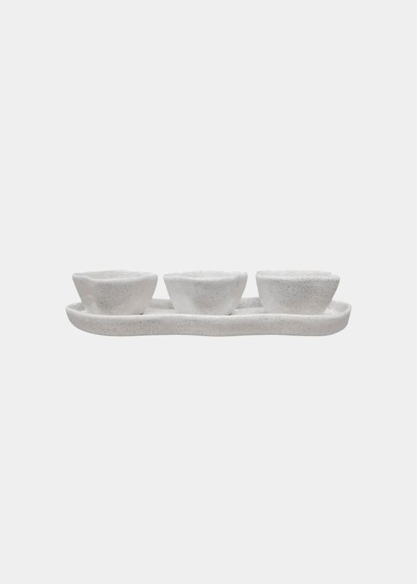 Set Aperitivo Bandeja e 3 Bowls Cerâmica Areia Branca