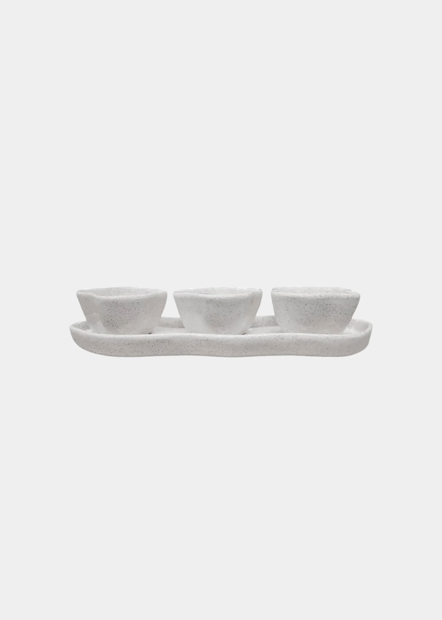 Set Aperitivo Bandeja e 3 Bowls Cerâmica Areia Branca