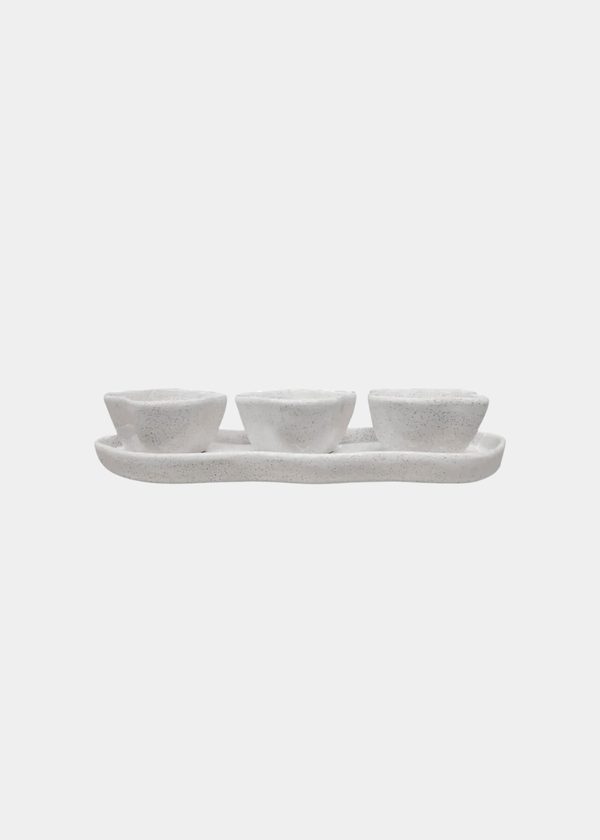 Set Aperitivo Bandeja e 3 Bowls Cerâmica Areia Branca