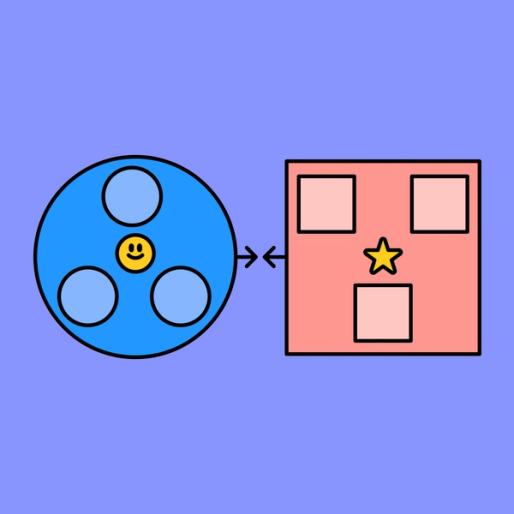large blue circle next to a large red square with smaller circles and smaller squares over each shape