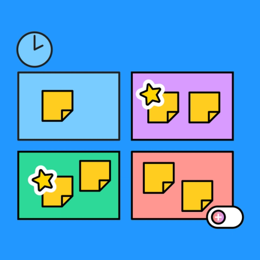 four colorful rectangles with star emojis and yellow sticky notes
