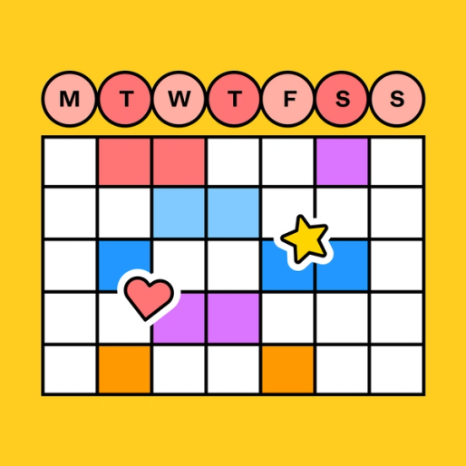 monthly calendar with color coded days and a star and heart emoji over the top