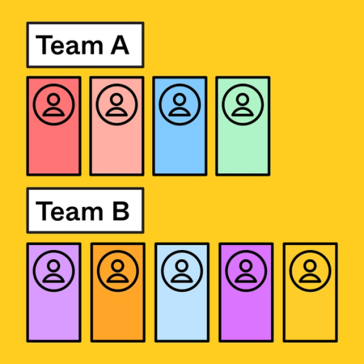 Team A and Team B labels with colorful user symbols underneath each team name