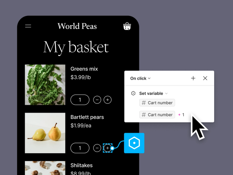 phone ui showing basket with three items, the add more icon is connected to a blue variables icon and a mouse is seen setting the variable to "cart number"