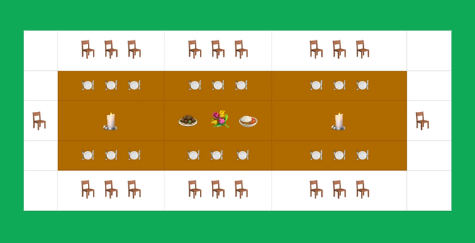 A dinner table made with rectangles from a table in FigJam, with emoji of plates, food, and flowers on the table itself, with chairs on the perimeter.