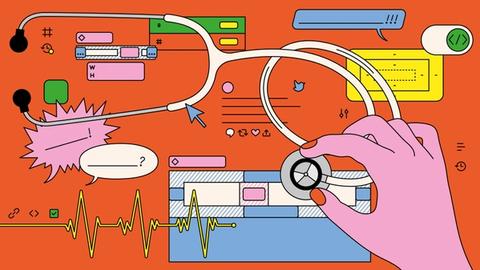 An illustration depicting a hand holding a stethoscope over a digital interface