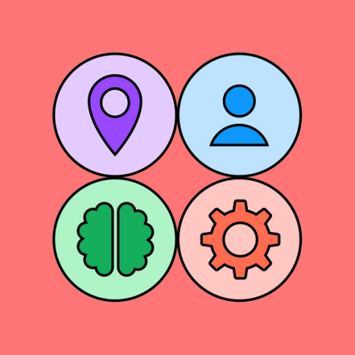 four circles with a human icon, map pin icon, brain icon, and gear icon