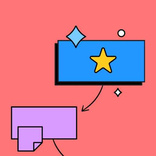 blue rectangle with yellow star pointing to a purple rectangle 