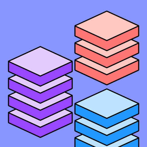 eight colorful 3D squares stacked over each other over a purple background