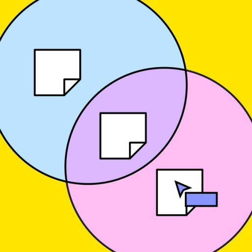 Venn diagram with three sticky notes in each section