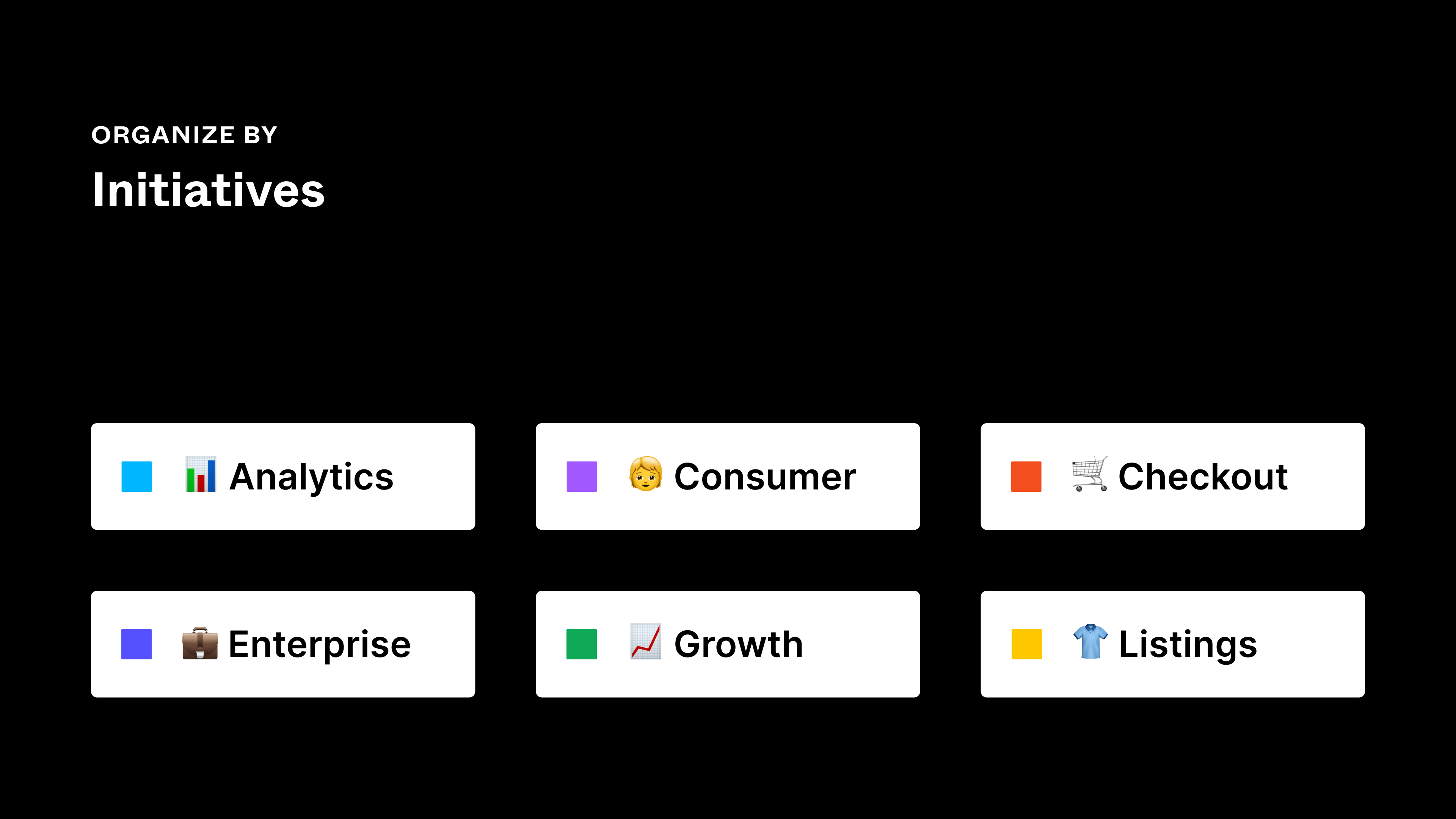 The title of the image is "Organize by Initiatives." There are six examples of initiatives: "Analytics," "Consumer," "Checkout," "Enterprise," "Growth," "Listings."