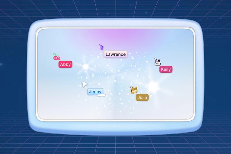 Cherry, purple gem, bunny, doge, and cloud cursors float over a pastel background with a sparkle effect. The screen has round borders and floats against a dark blue background with receding gridlines.