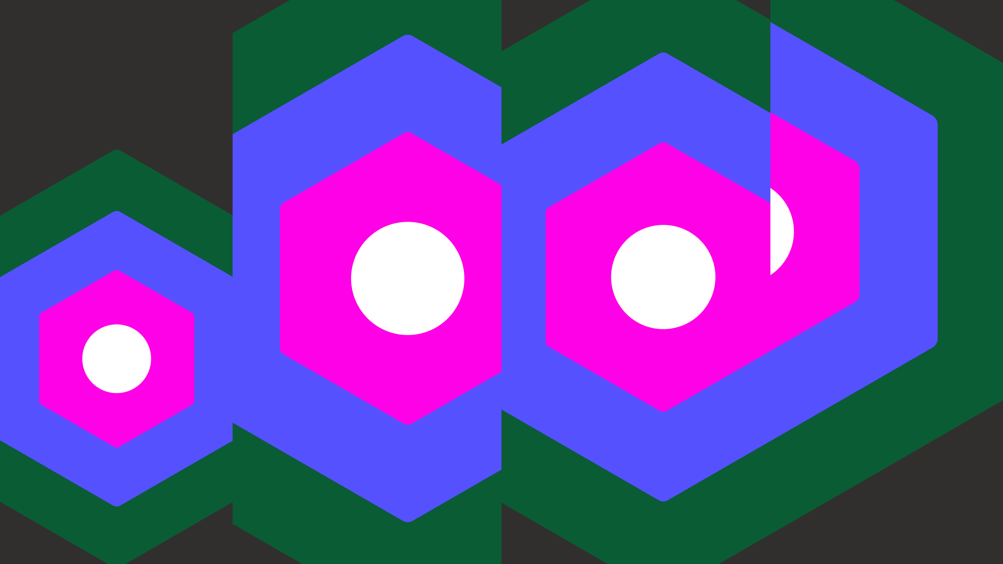 This image features a graphic design with a pattern of overlaid hexagons in varying shades of pink, blue, and green, with white circles in the center of each hexagon. The background consists of darker shades of green, creating a sense of depth. The image has a modern and abstract feel.