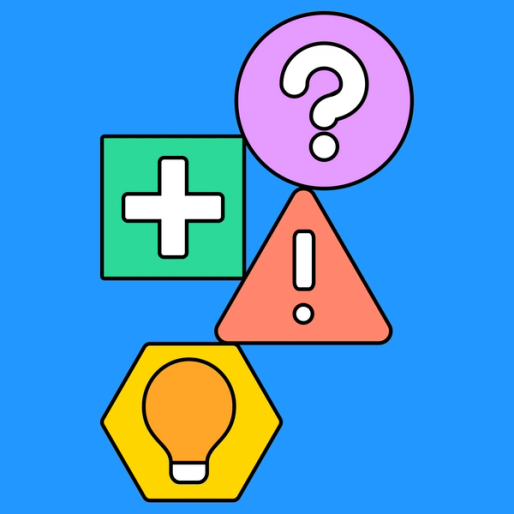 four icons including a plus sign, warning sign, light bulb, and question mark