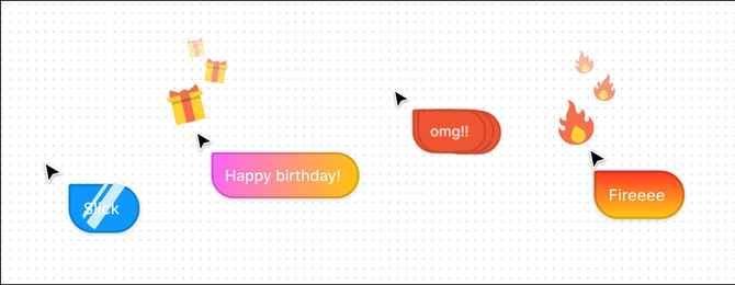 Four cursor chats: 1) Says "slick"; 2) says "Happy birthday" with an image of a present; 3) says "omg!!"; 4) says "Fireeee" with image of fire