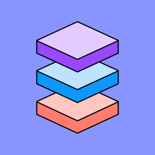 three purple, blue and red 3D squares stacked on top of each other