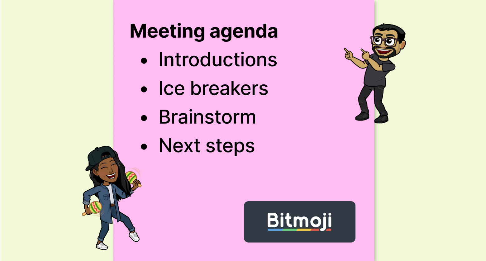 Eine Notiz mit einer Tagesordnung und zwei Bitmojis von Teammitgliedern