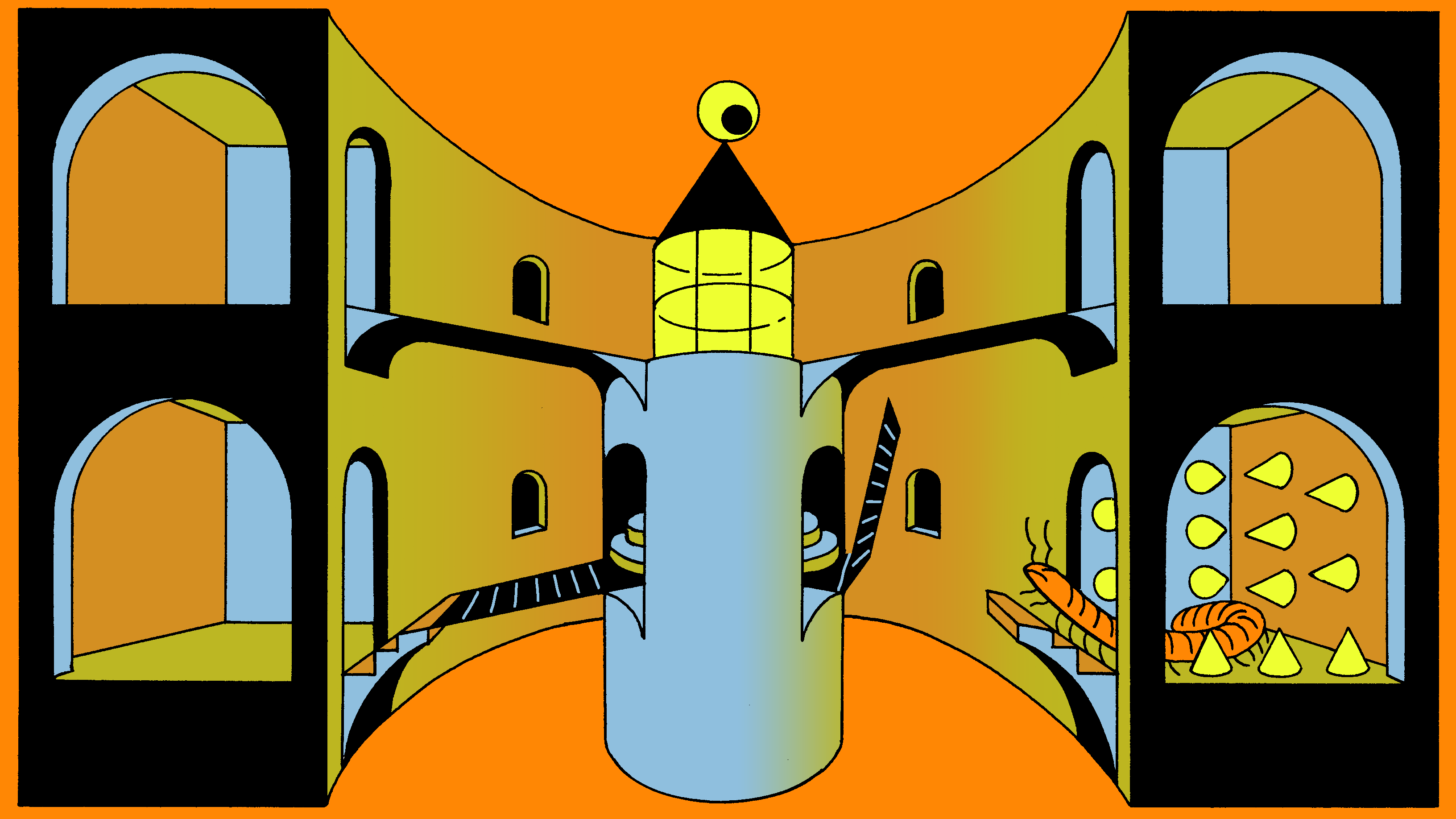 The inside of a castle tower has four rooms on two different levels, each with their own window. A millipede tries to get to the center of the tower, can't access the drawbridge.