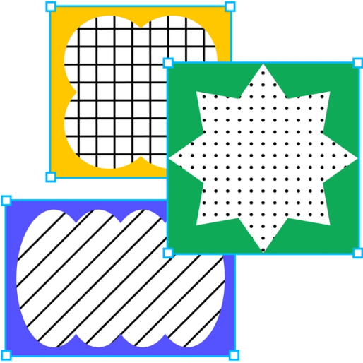 Trois formes superposées remplies de motifs sont disposées les unes sur les autres dans des zones de délimitation