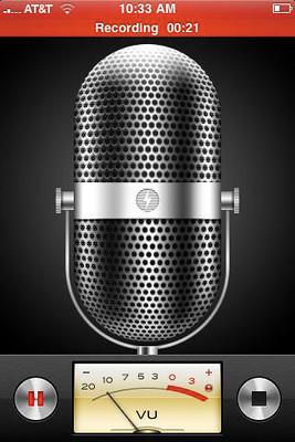 A screenshot of a voice memo app shows a rendering of a microphone and a decibel meter.