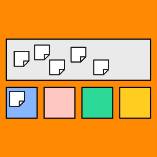 grey square with sticky notes overlayed on top and four colorful squares underneath it