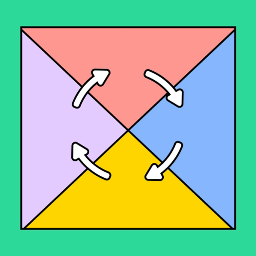 square four colorful triangles in the middle and a circle of arrows overlayed on top