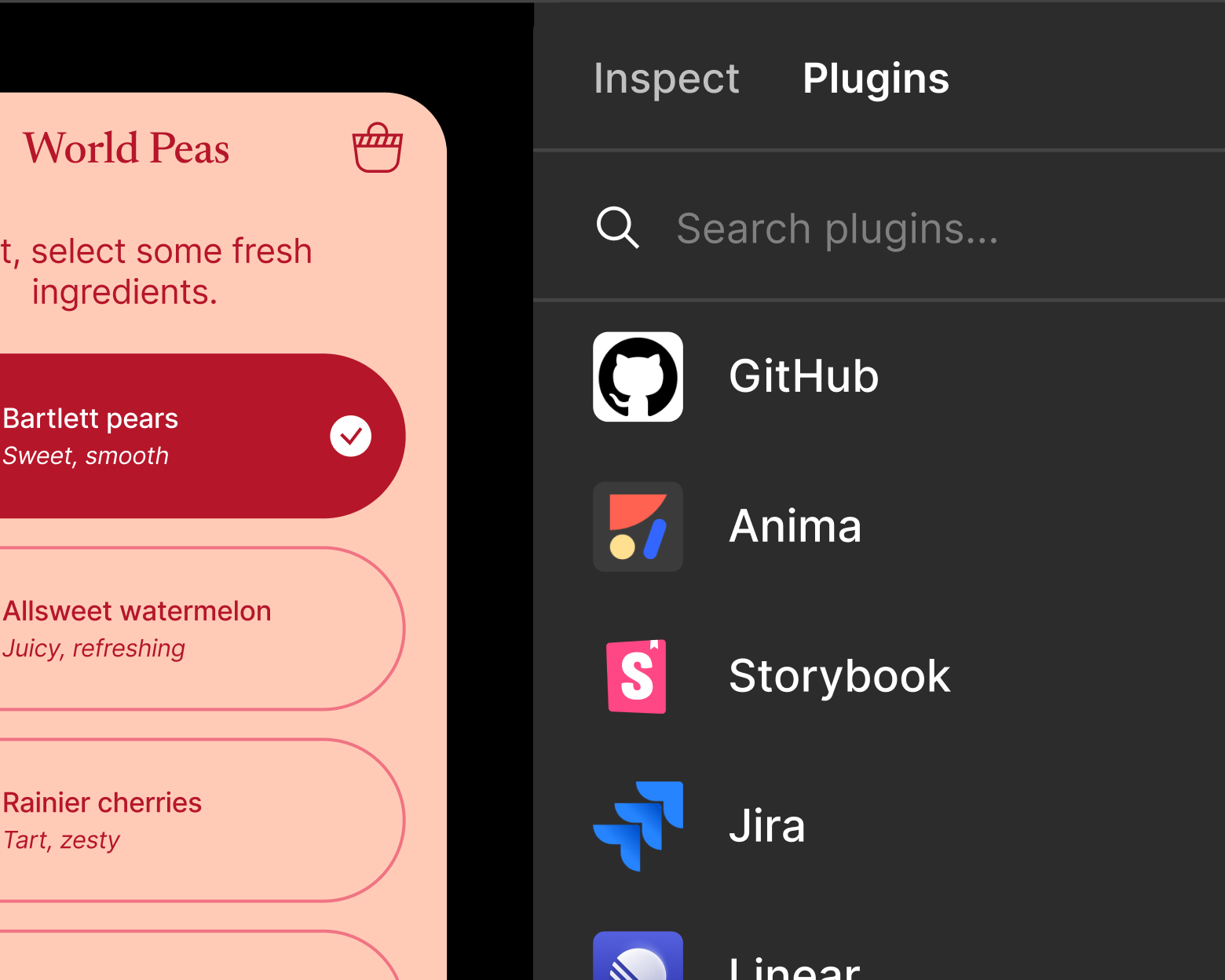The plugins view showing how you can search for plugins and find plugins like GitHub, Anima, Storybook, Jira, and Linear