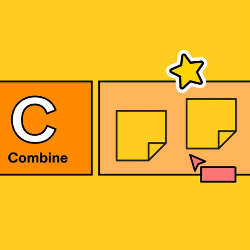 orange square labeled with the word "combine" next to two yellow sticky notes