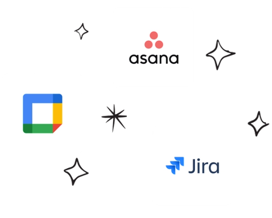 Logos de widget Asana, Google Cal et Jira entourés d'étoiles dessinées à la main
