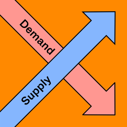 red and blue arrows with the words demand and supply written on each arrow