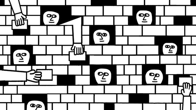 A series of heads behind a brick wall with hands seemingly breaking down the wall