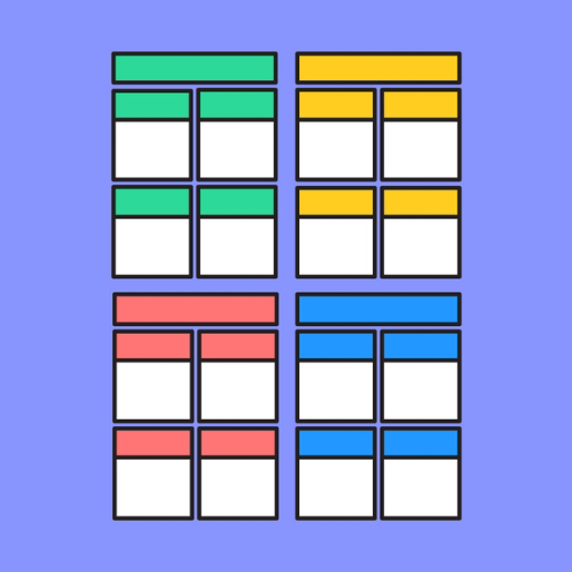 sixteen squares with colorful labels in a grid format