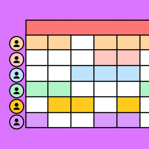 colorful image of a 6x6 schedule with user symbols on the side of it