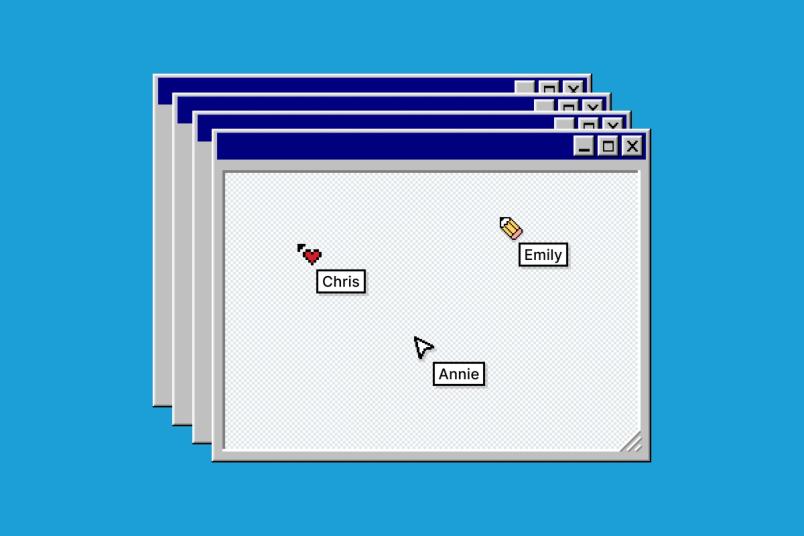 Heavily pixelated arrow-shaped, heart-shaped, and pencil-shaped cursors hover in a retro pop-up window over a flat blue background. Each cursor has a simple, rectangular name badge that reads Chris, Emily, and Annie, respectively.