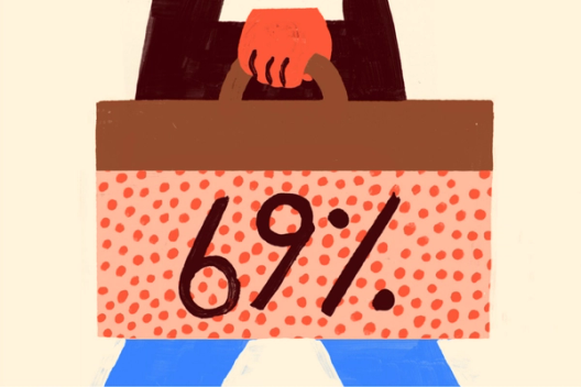An abstract illustration of a figure holding a sign with '69%' written on it against a polka dot background, with the figure's lower half in blue, suggesting legs or a stand.