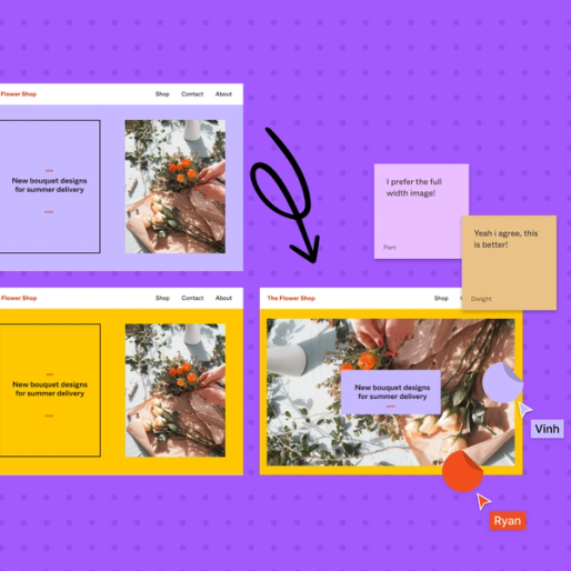 Mockups of websites with different image sizes and colors, with sticky notes from colleagues and their feedback