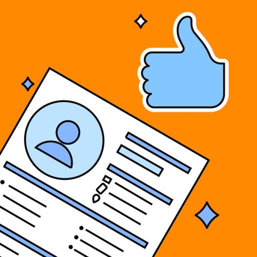 resume on an orange background with a blue thumbs up emoji