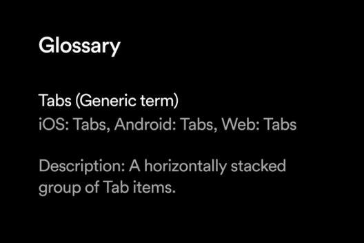 Glossary defining the term "tab."