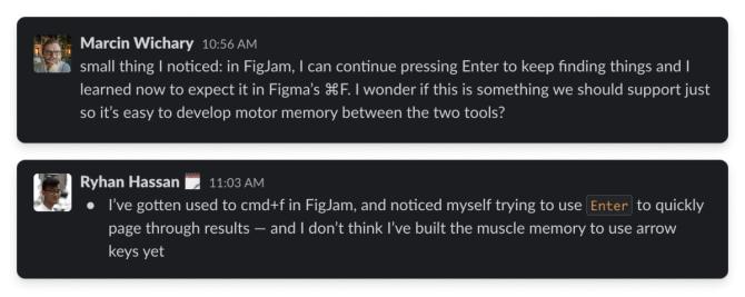 Screenshots of feedback from teammates on Slack