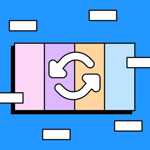 two arrows forming a circle overlayed on top of colorful rectangle shapes