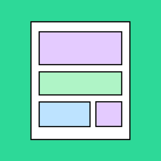 blank newsletter overlayed with purple, blue and green boxes 