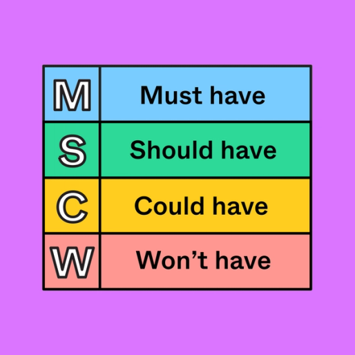 colorful rectangles labeled with the words must have, should have, could have and won't have