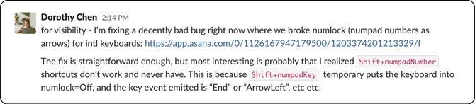 slack message from dorothy highlighting the numpad bug