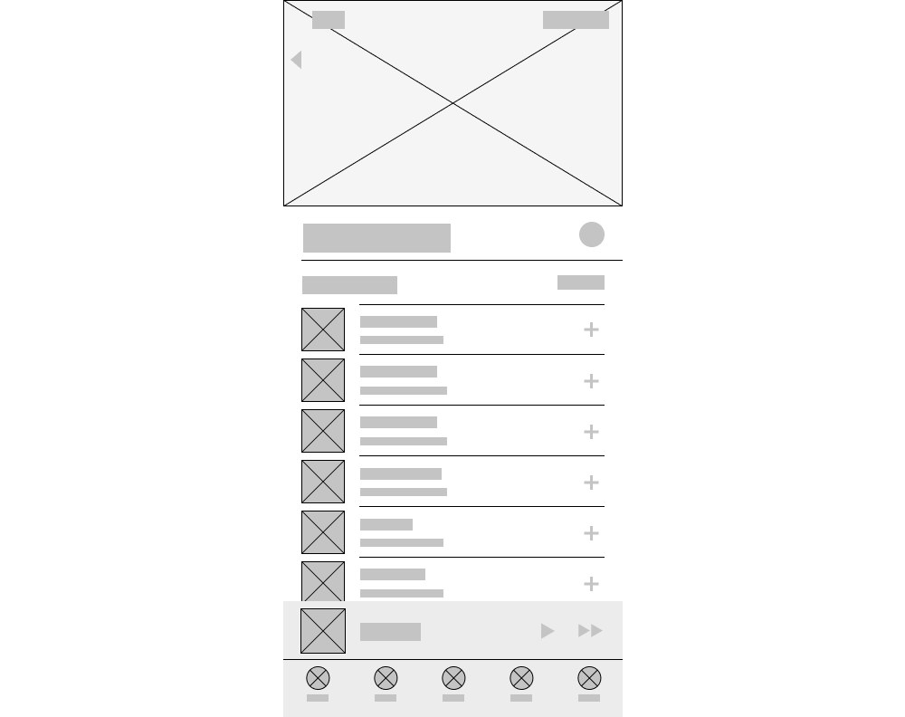 A wireframe of a landing page with thumbnails in a list