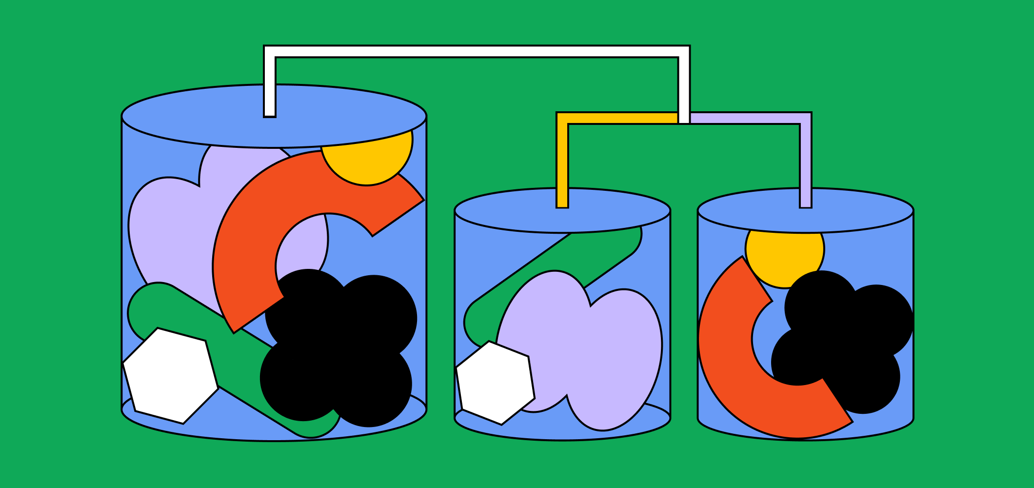 Three data silos, with objects in each of them, connect to each other.