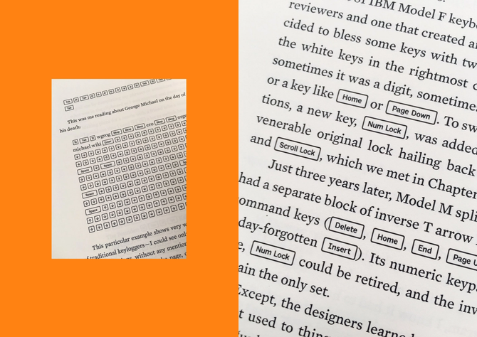 two examples of font shown in book: san serif type enclosed in rectangles to signal keys are interspersed with serifed text 