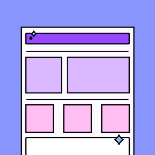 sheet of paper with pink and purple boxes in a layout