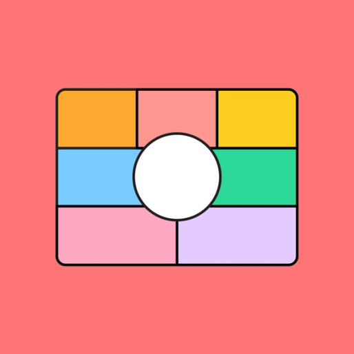 white circle in the middle of multiple colorful squares and rectangles