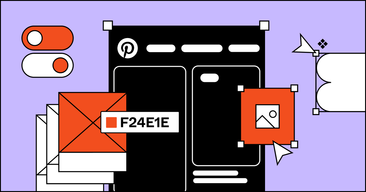 Digital design elements including toggle switches, a color code, smartphone mock-up interfaces, and a Pinterest icon on a purple background.